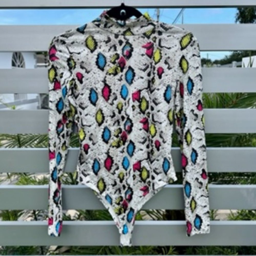 Nylon Apparel Multicolored Long Sleeve Turtleneck Snake Print Bodysuit/Medium